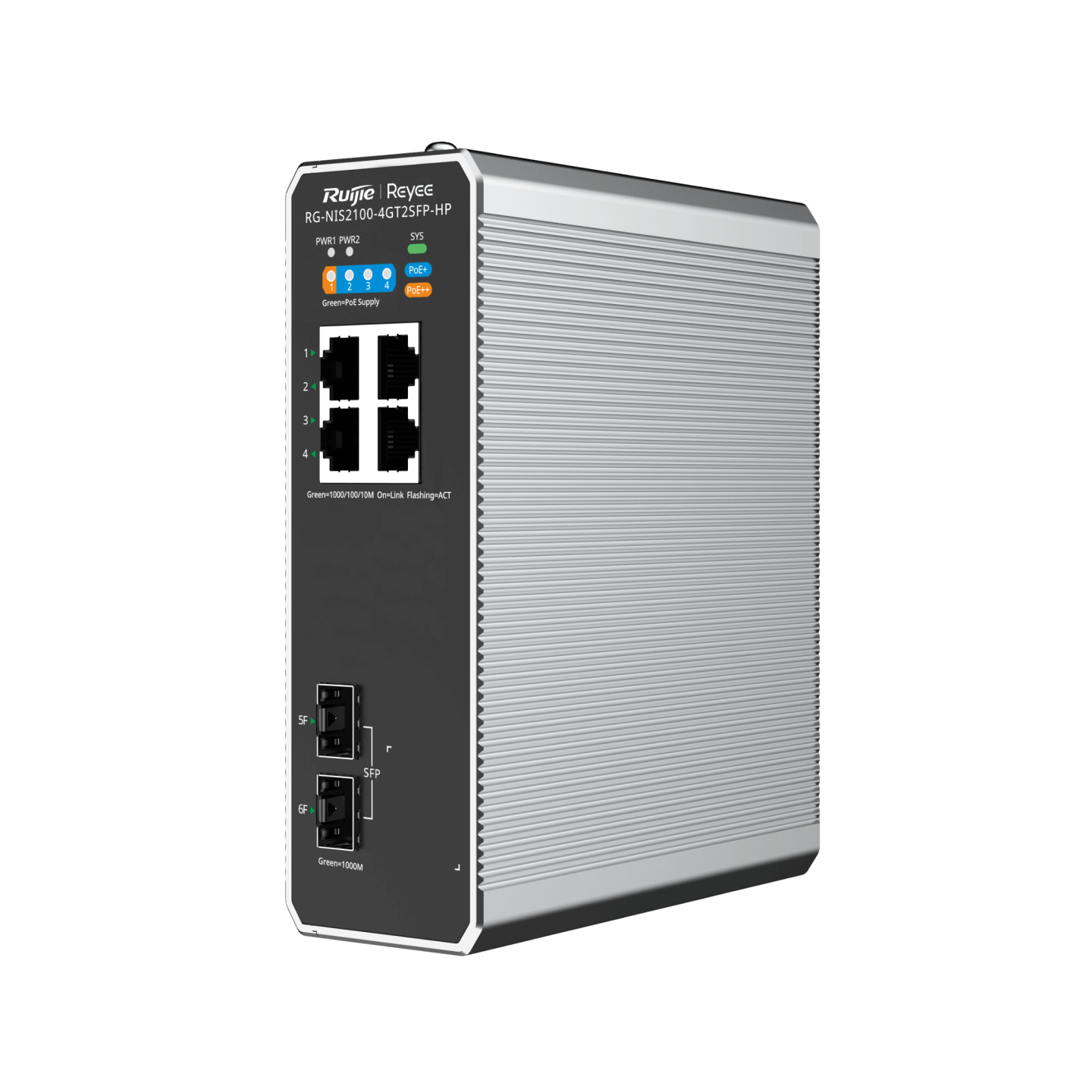 Ruijie Reyee RG-NIS2100-4GT2SFP-HP, 6-Port Cloud Managed Industrial Switch, with 1 x PoE++ Port, 3 x PoE+ Ports, and 2 x SFP Uplink Ports