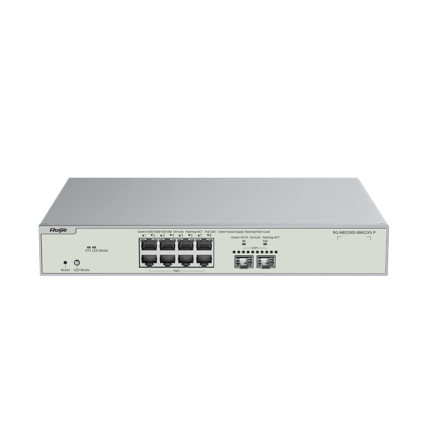 RG-NBS3300-8MG2XS-P, 8-Port Muti-Gigabit Layer 2 Managed Switch with 8 x PoE+ Ports, and 2 x SFP+ Uplink Ports